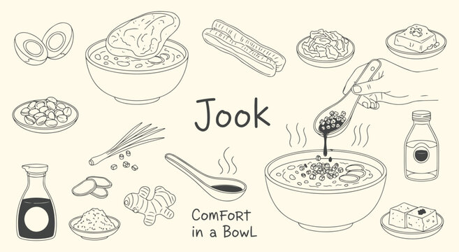 Chinese Congee Icon Set. Hand drawn vector illustration of Jook rice porridge. Doodle clipart of a traditional Asian comfort food breakfast for a restaurant menu and cuisine design.