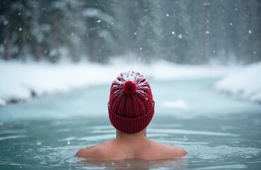 Man enjoys invigorating cold water plunge in icy lake surrounded by winter landscape, falling snow. Extreme outdoor activity promotes health, mental well-being. Focus on person immersed in frigid