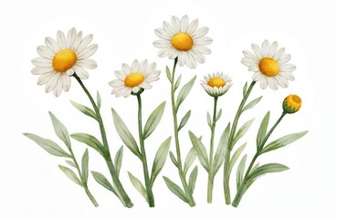 Beautiful watercolor illustration featuring set of hand-drawn chamomile flowers. Delicate white petals, yellow centers adorn green stems with soft leaves. Clip art captures of nature, perfect for