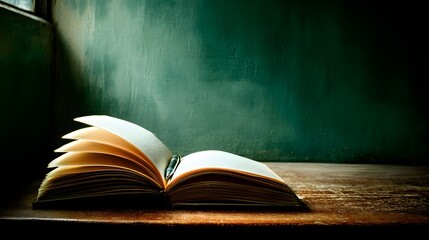An open book rests on a wooden surface.