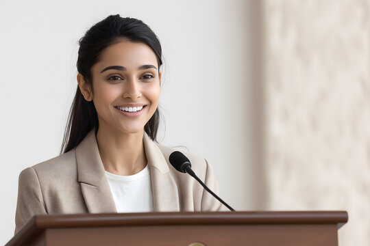 Successful female Indian entrepreneur addressing audience at professional conference or seminar
