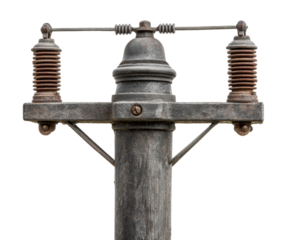 Old electrical pole with vintage insulators and overhead wires