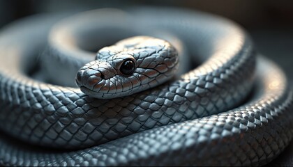 Obraz premium Close-up of silver snake coiled elegantly. Scales glisten under soft light, showing intricate texture and metallic sheen. Reptile with dark eye appears calm, smooth body.