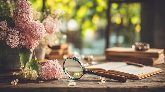 Pink hydrangeas and a magnifying glass on a rustic wooden table. - Powered by Adobe