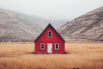 Obraz premium Red barn in a golden field, misty mountains