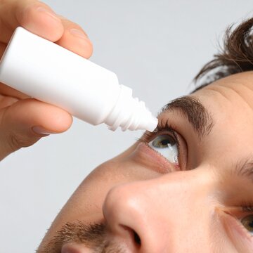 Primer plano de una mano de hombre con un peque&ntilde;o bote blanco echando colirio en un ojo irritado. Salud y medicina