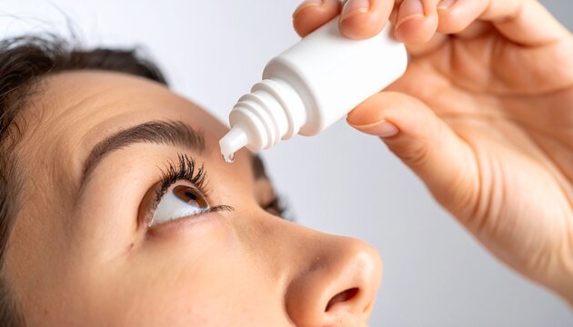 Primer plano de una mano de mujer con un peque&ntilde;o bote blanco echando colirio en un ojo irritado. Salud y medicina