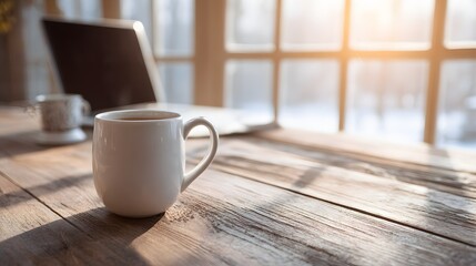 White coffee mug on a wooden table with a laptop in the background.