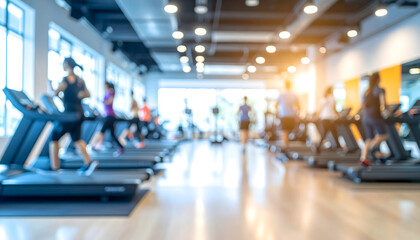 Blurred view of a gym with many people using treadmills.