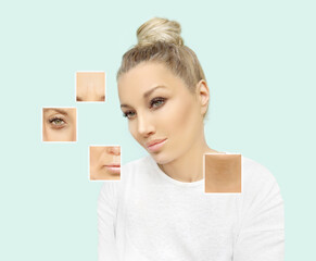 Signs of age and facial aging - nasolabial folds, wrinkles, wrinkled skin