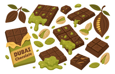 Dubai pistachio chocolate bars with cocoa pods and natural ingredients in artistic style for gourmet dessert menus, confectionery packaging, and premium food branding projects