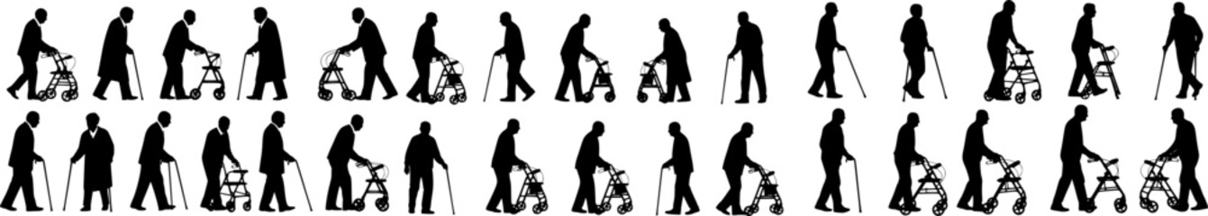 Elderly people using walking aid silhouette set collection. Senior pensioner people walking with walking aids vector silhouette.
