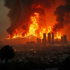 Dramatic Nighttime Scene of a Raging Wildfire Engulfing Hills with Intense Orange Flames and Thick Smoke Rising Over a City Skyline with Tall Buildings, Capturing a Devastating Emergency