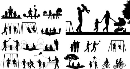 People different ages doing outdoors activities with various poses in public park vector silhouettes. People all ages playing in park family bonding leisure time black silhouette set.