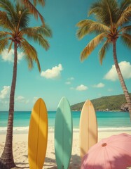 Retro beach scene with colorful surfboards, pastel umbrellas against backdrop of turquoise ocean, green hills. Tall palm trees frame sandy shore under clear blue sky with fluffy clouds. Idyllic