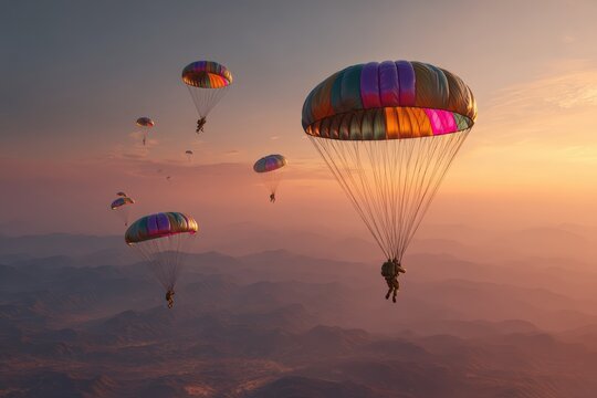 Paratroopers jumping from transport aircraft into war zone, colorful round parachutes against dawn sky.
