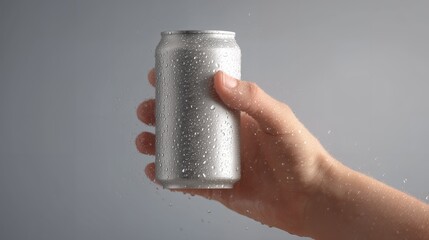 Human Hand Holding a Silver Beverage Can with Water Droplets