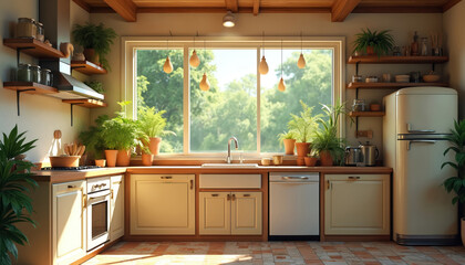 Bright, modern kitchen features wood cabinetry, white counters, large window overlooking rich green plants. Vintage refrigerator, stainless steel appliances complement clean, airy space with natural