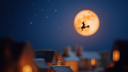 Witch Silhouette Flying Against Full Moon Sky