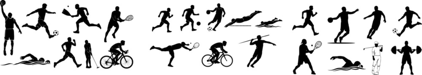 Athlete black silhouettes different sports graphic set vector collection.
