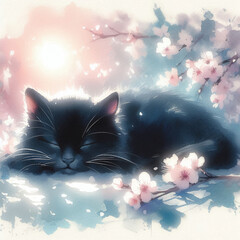 陽だまりで眠る黒猫と桜の花