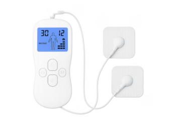Digital tens unit muscle stimulator with electrodes showing massage settings on transparent background
