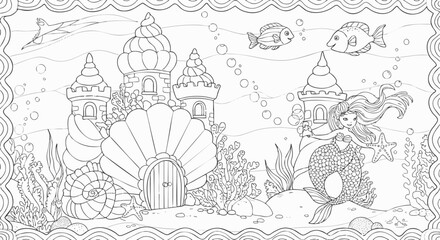 Underwater scene with a beautiful mermaid and a fantasy castle made of shells. Line art for coloring book page.