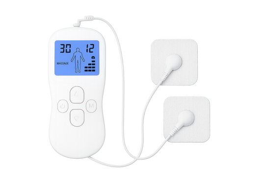 Digital tens unit muscle stimulator with electrodes showing massage settings on transparent background