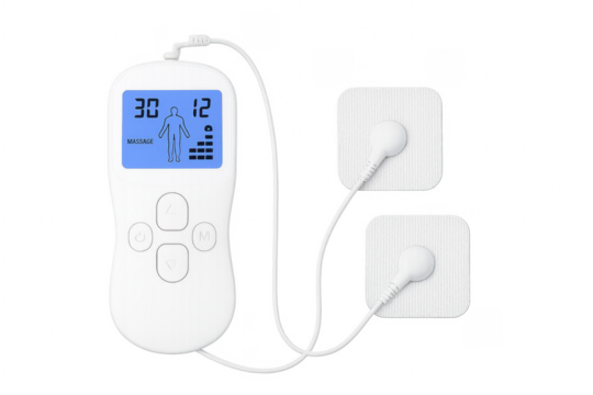 Digital tens unit muscle stimulator with electrodes showing massage settings on transparent background