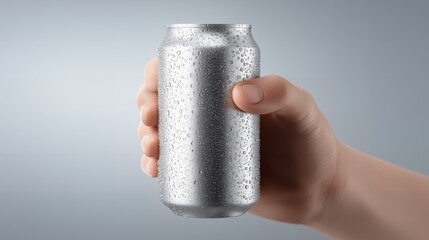 Hand Holding a Cold Silver Drink Can with Water Droplets