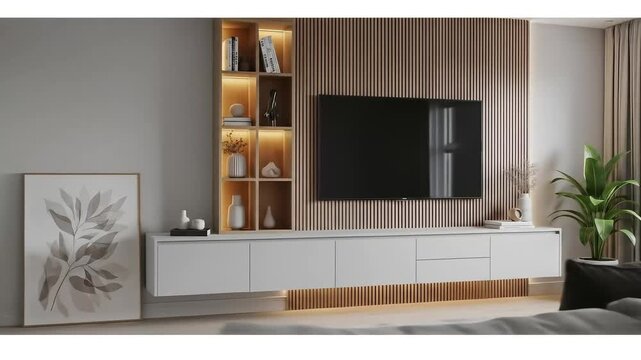 Modern living room interior featuring a large flat screen TV mounted above a white console, with a built-in shelf unit and decorative artwork.