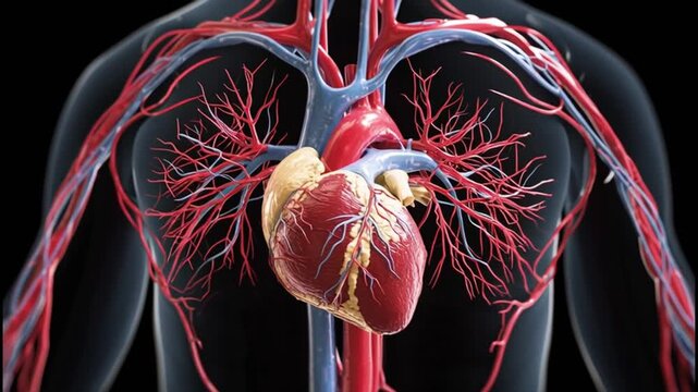 Detailed 3D illustration of human cardiovascular system, showcasing heart, arteries, and veins, emphasizing anatomical structure and function in a visually striking manner