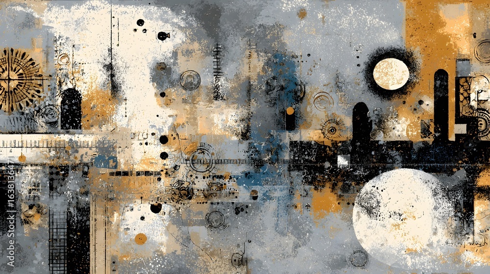 Poster intricate and visually captivating abstract artwork featuring a complex mix of geometric patterns te