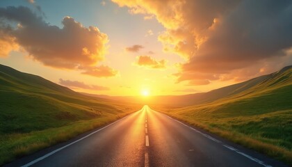 Empty road stretches towards golden sunrise, symbolizing fresh start and new beginnings. Rolling green hills flank asphalt path under dramatic sky filled with warm clouds and brilliant sunlight.