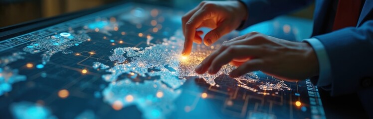 Global logistics infrastructure development planning using advanced digital tools. Team analyzes world map data for transportation, supply chain management, performance metrics, market forecasts.