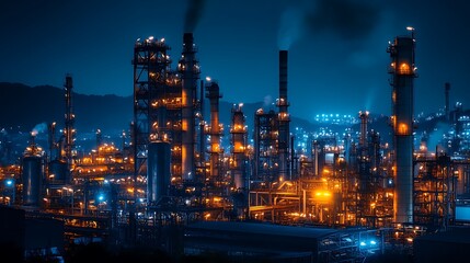 Oil Refinery Plant Glowing at Night with Industrial Complex