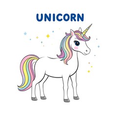 Charming unicorn illustration with rainbow mane and starry glitter background design