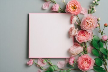 Blank square greeting card, invitation mockup. Blossom flowers plant on green table background. Flat lay, top view. Copy space. Frame mock up. Modern Minimal business brand template. Soft shadow. Rose