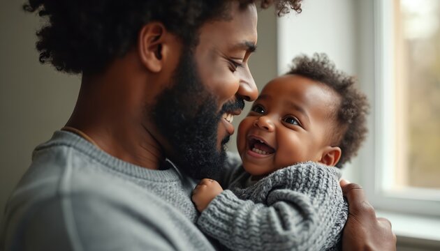 Joyful African American father holding baby closely. Father, child share tender moment of love, connection, both smiling warmly. Intimate portrait captures heartwarming bond, genuine happiness