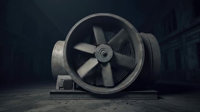 Industrial ventilation fan system, ventilation, industry, technology, cooling, equipment, machine, and engineering concept. Air conditioning in dark grungy room, cooling
