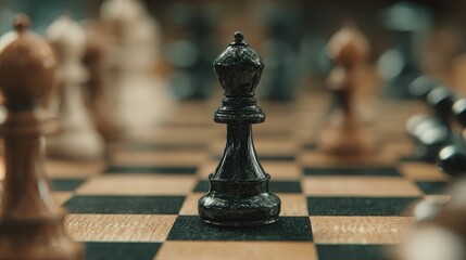 Close-up shot of black bishop on checkered board, rest of game softly blurred
