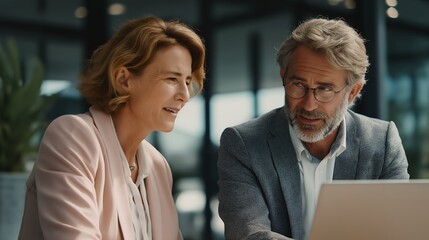Middle-aged couple collaborating on a laptop at home