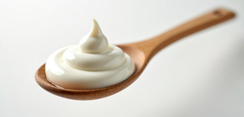 Creamy yogurt swirls on wooden spoon, smooth texture, freshness against clean white background. Perfect for culinary, breakfast, healthy snack concepts. Demonstrates natural dairy product quality,