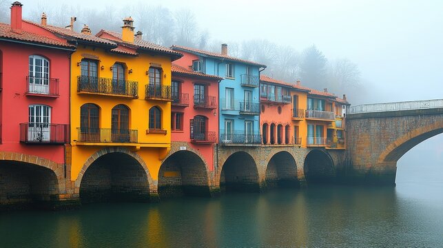 Colorful buildings lining a river with an arched bridge in a misty morning light. - Powered by Adobe