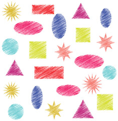Set of simple colorful geometric shapes with crayon brush, triangle, rectangle, star, circle, square, Vector illustration