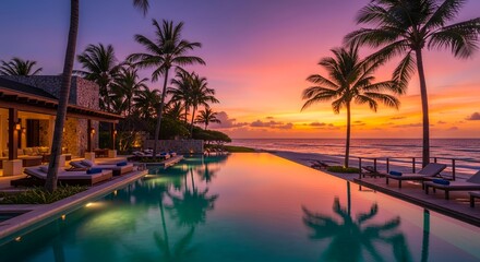 Obraz premium Stunning tropical villa with infinity pool at vibrant sunset beach