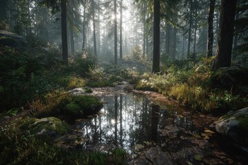 Obraz premium Sunlit forest with tranquil stream