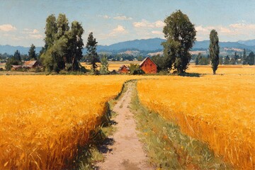 Golden wheat field, rural path, red barn