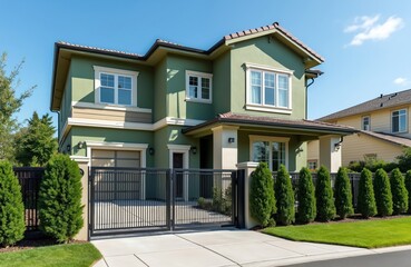 Modern two-story house featuring green exterior with beige accents, black metal gate. Property includes neatly trimmed lawn, paved driveway, mature cypress trees under clear blue sky. Suburban