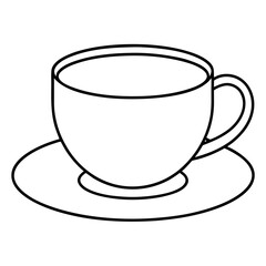 Clean line art illustration of a classic tea cup and saucer perfect for beverage or cafe branding and design elements